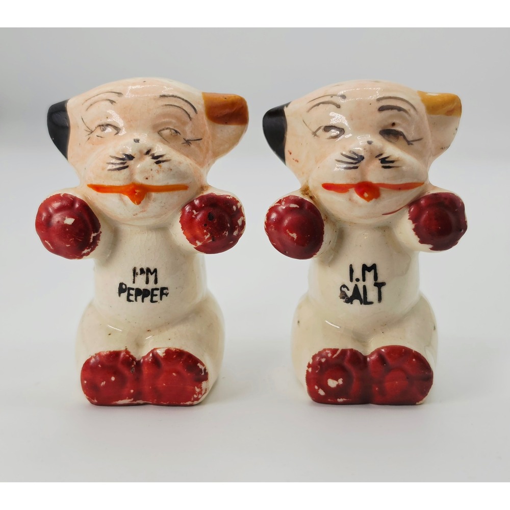 Vintage Japan Winking Puppy Dog Salt and Pepper Shakers Red Boxing Gloves Set